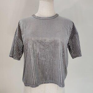 FOREVER 21 Semi-sheer Silver Velvet Short Sleeve Boxy Crop Top. SZ S.